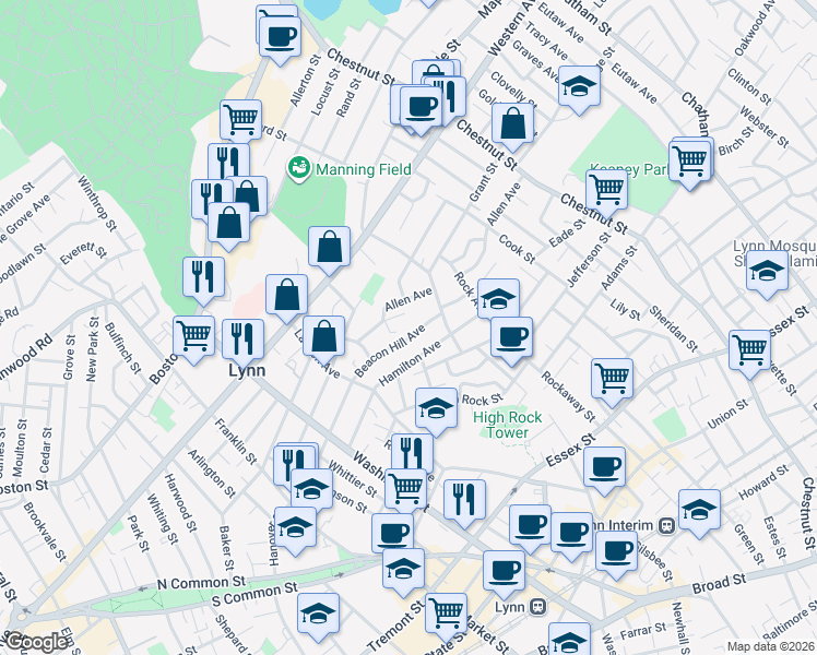 map of restaurants, bars, coffee shops, grocery stores, and more near 119-119A Beacon Hill Avenue in Lynn
