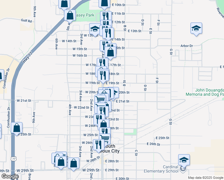 map of restaurants, bars, coffee shops, grocery stores, and more near 123 East 20th Street in South Sioux City