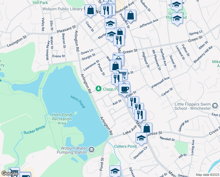 map of restaurants, bars, coffee shops, grocery stores, and more near 4 Pierce Street in Woburn