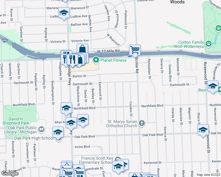 map of restaurants, bars, coffee shops, grocery stores, and more near 24340 Moritz Street in Oak Park