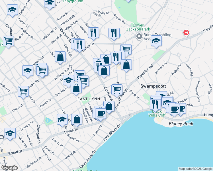 map of restaurants, bars, coffee shops, grocery stores, and more near 111 Eastern Avenue in Lynn