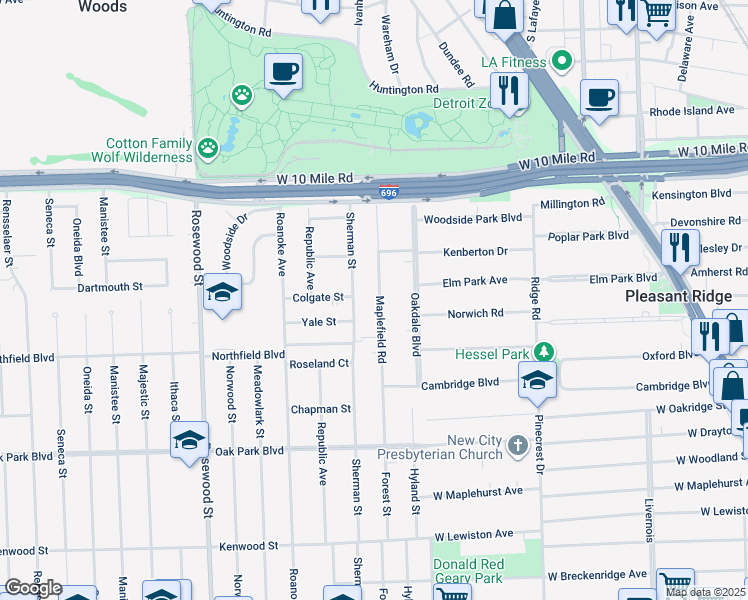 map of restaurants, bars, coffee shops, grocery stores, and more near 84 Maplefield Road in Pleasant Ridge