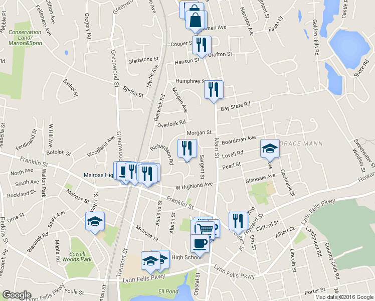 map of restaurants, bars, coffee shops, grocery stores, and more near 57 Nowell Rd in Melrose