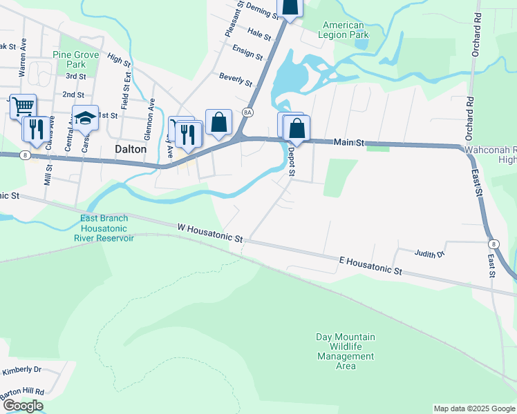 map of restaurants, bars, coffee shops, grocery stores, and more near 127 Depot St in Dalton