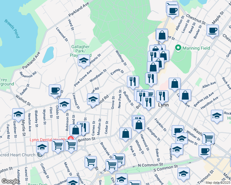 map of restaurants, bars, coffee shops, grocery stores, and more near 127 Grove Street in Lynn
