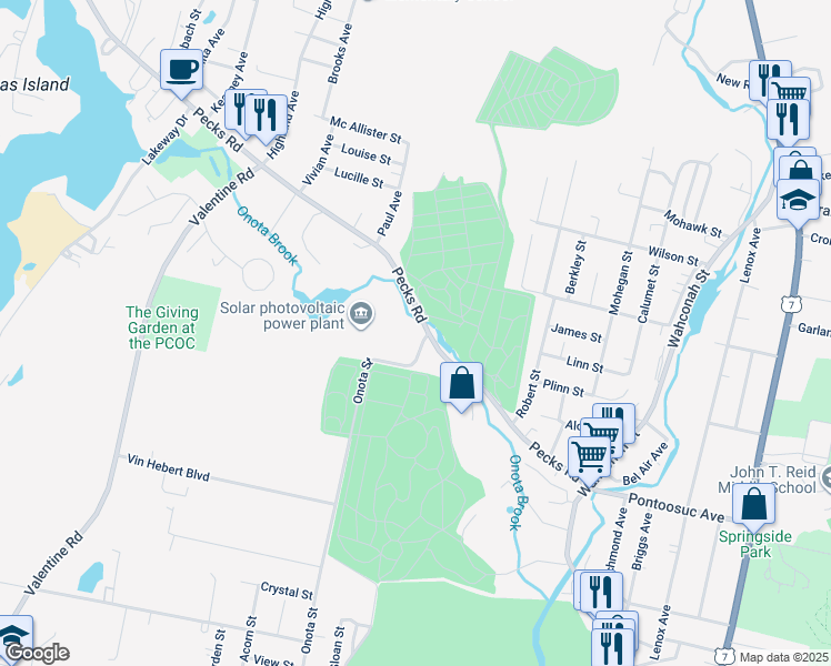 map of restaurants, bars, coffee shops, grocery stores, and more near 595 Onota Street in Pittsfield