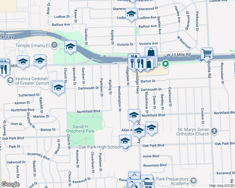map of restaurants, bars, coffee shops, grocery stores, and more near 24311 Westhampton St in Oak Park