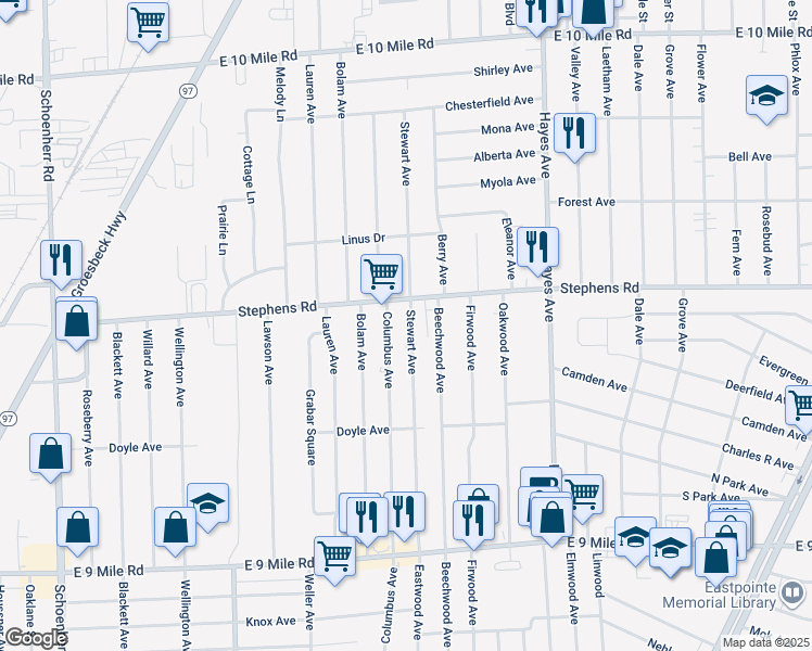 map of restaurants, bars, coffee shops, grocery stores, and more near 23823 Stewart Avenue in Warren