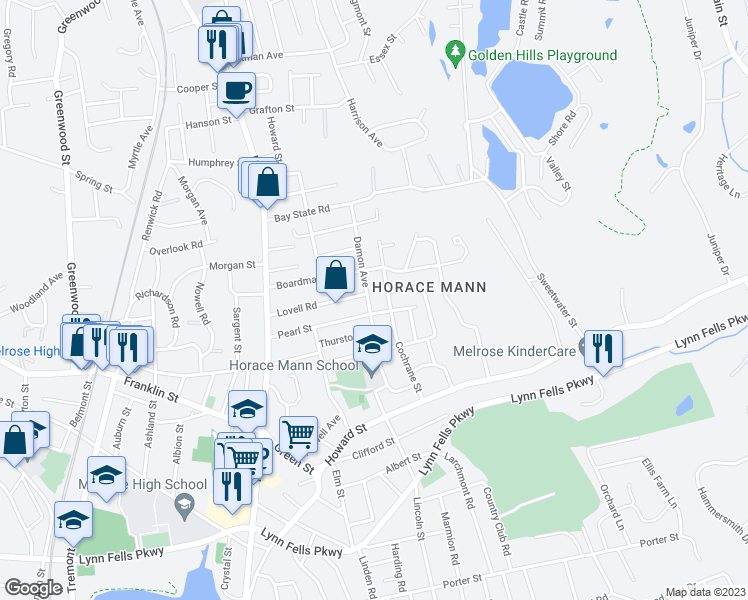 map of restaurants, bars, coffee shops, grocery stores, and more near 51 Damon Avenue in Melrose