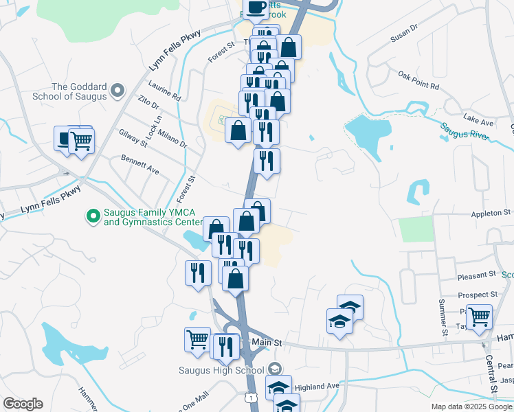 map of restaurants, bars, coffee shops, grocery stores, and more near 832 U.S. 1 in Saugus