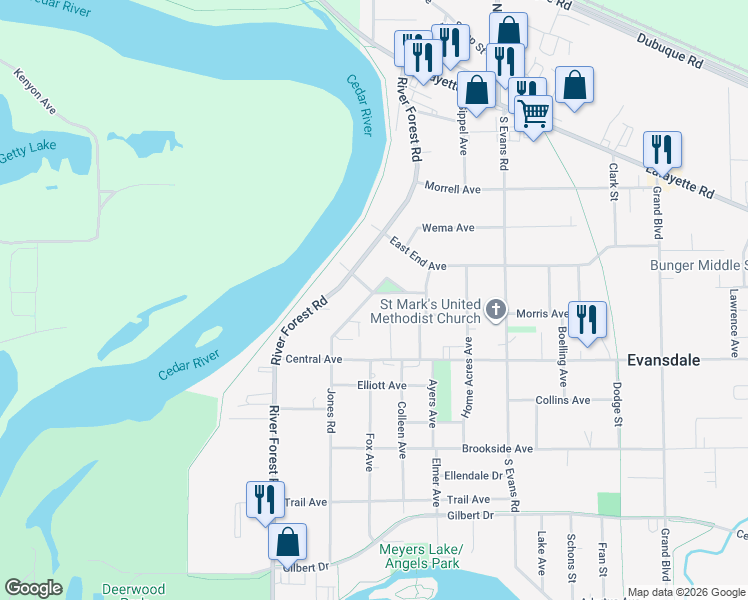 map of restaurants, bars, coffee shops, grocery stores, and more near 531 Jones Road in Evansdale