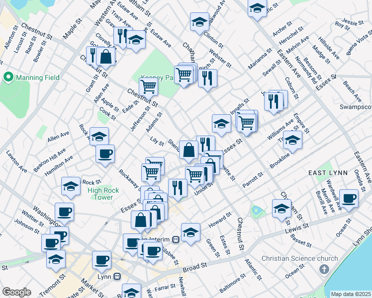 map of restaurants, bars, coffee shops, grocery stores, and more near 22 Ashton Terrace in Lynn