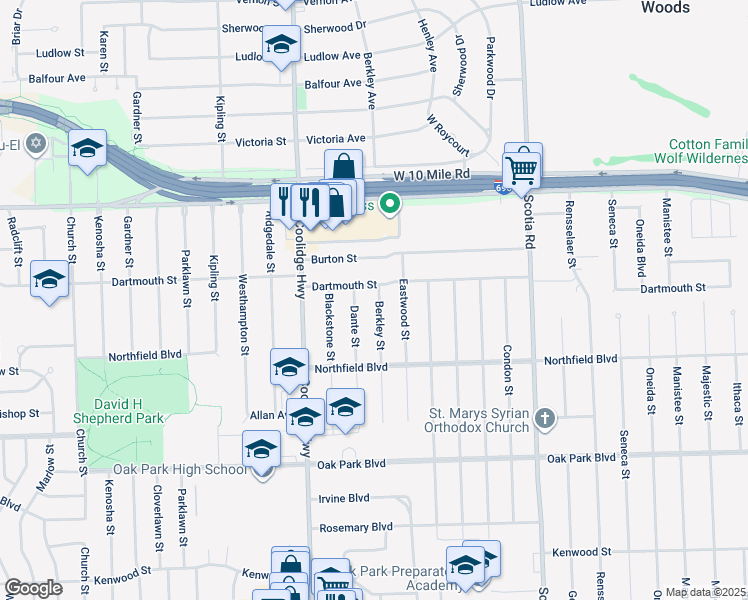 map of restaurants, bars, coffee shops, grocery stores, and more near 24341 Berkley Street in Oak Park