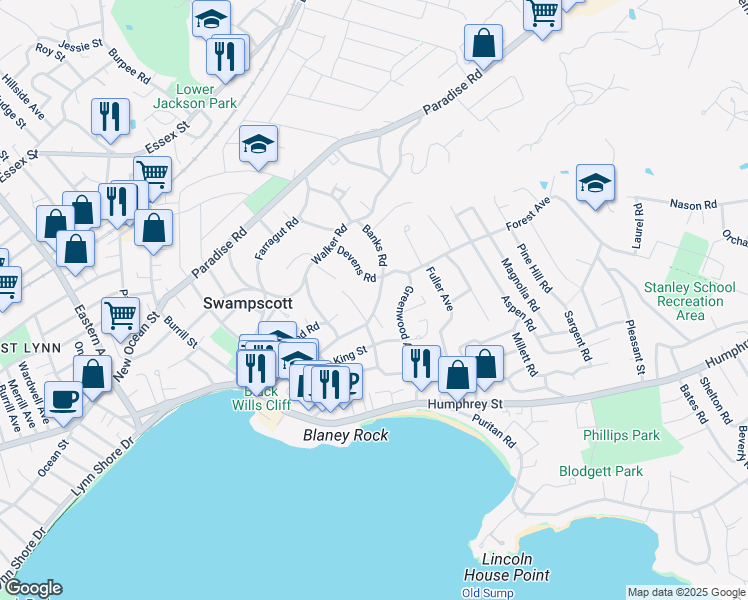 map of restaurants, bars, coffee shops, grocery stores, and more near 146 Redington Street in Swampscott