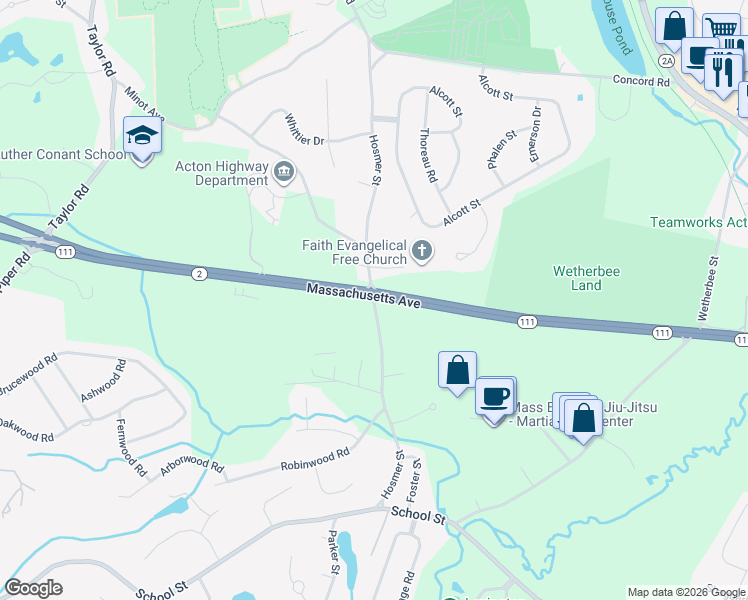 map of restaurants, bars, coffee shops, grocery stores, and more near 72 Hosmer Street in Acton