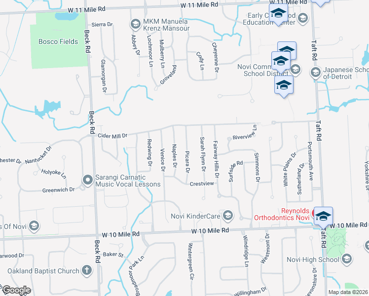 map of restaurants, bars, coffee shops, grocery stores, and more near 24689 Picara Drive in Novi