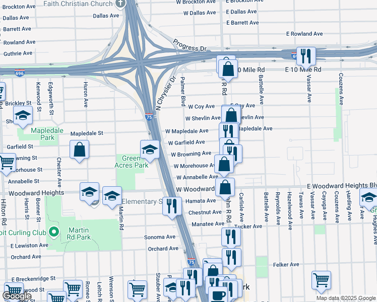 map of restaurants, bars, coffee shops, grocery stores, and more near 172 West Browning Avenue in Hazel Park