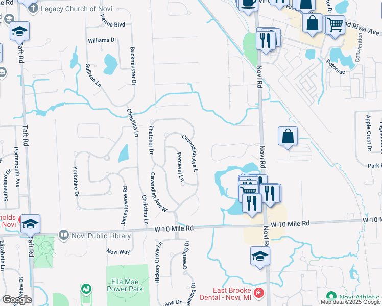 map of restaurants, bars, coffee shops, grocery stores, and more near 24529 Cavendish Avenue East in Novi