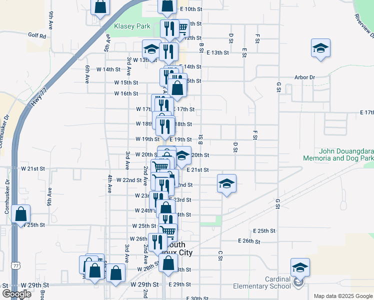 map of restaurants, bars, coffee shops, grocery stores, and more near 123 East 20th Street in South Sioux City