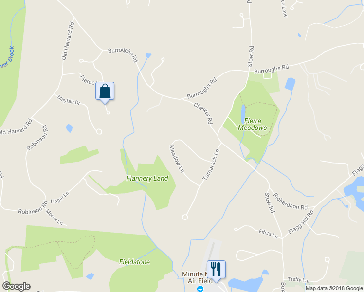 map of restaurants, bars, coffee shops, grocery stores, and more near 66 Meadow Lane in Boxborough