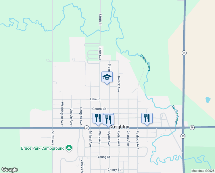 map of restaurants, bars, coffee shops, grocery stores, and more near 499 Bryant Ave in Creighton
