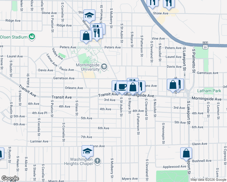 map of restaurants, bars, coffee shops, grocery stores, and more near 3921 Transit Avenue in Sioux City