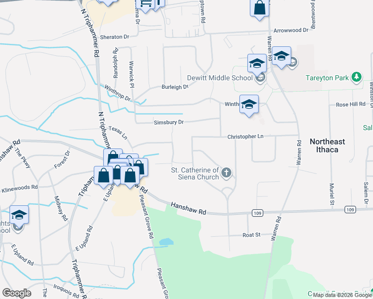 map of restaurants, bars, coffee shops, grocery stores, and more near 2 Lisa Lane in Ithaca
