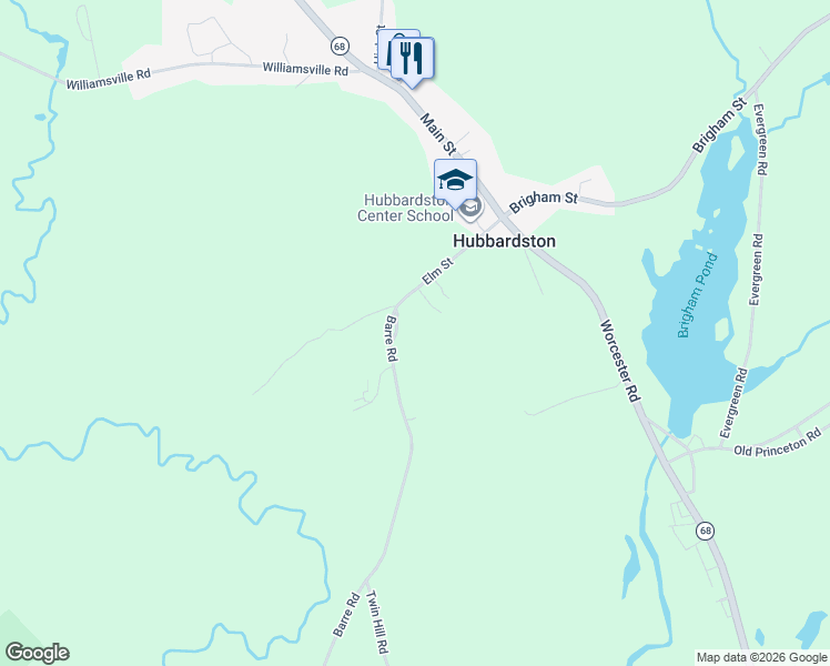 map of restaurants, bars, coffee shops, grocery stores, and more near 3 Barre Road Cut Off in Hubbardston