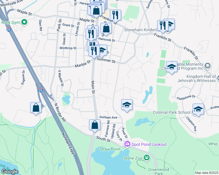 map of restaurants, bars, coffee shops, grocery stores, and more near 18 Fells Road in Stoneham