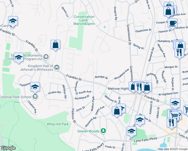 map of restaurants, bars, coffee shops, grocery stores, and more near 20 Botolph Street in Melrose