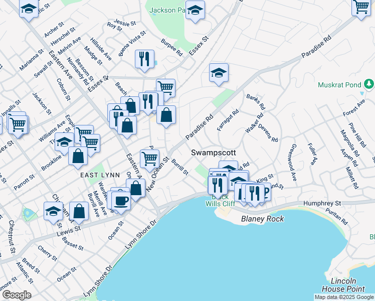 map of restaurants, bars, coffee shops, grocery stores, and more near 17 Elmwood Road in Swampscott