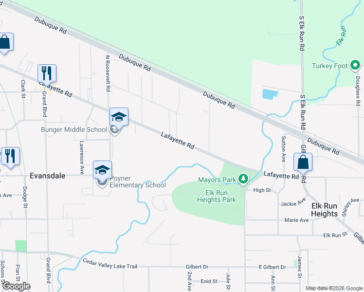 map of restaurants, bars, coffee shops, grocery stores, and more near 4412 Lafayette Road in Evansdale