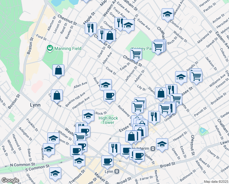 map of restaurants, bars, coffee shops, grocery stores, and more near 106 Jefferson Street in Lynn