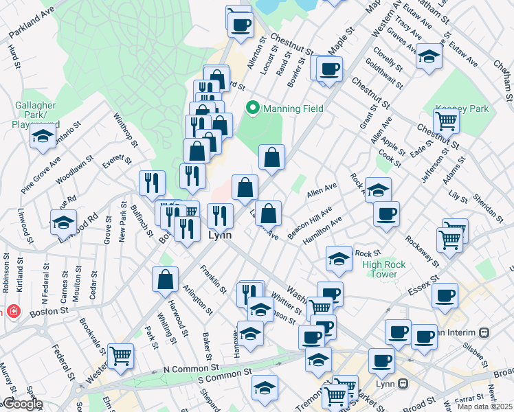 map of restaurants, bars, coffee shops, grocery stores, and more near 15 Bellair Street in Lynn