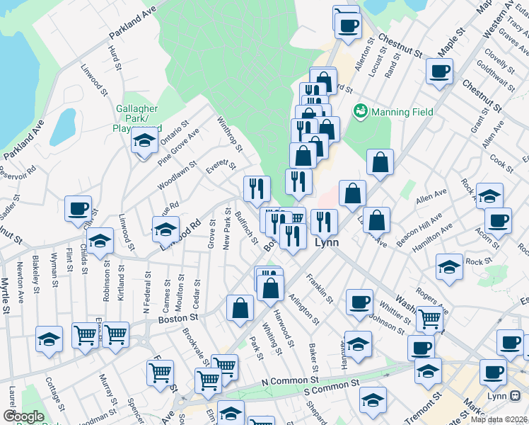 map of restaurants, bars, coffee shops, grocery stores, and more near 27 North Franklin Street in Lynn