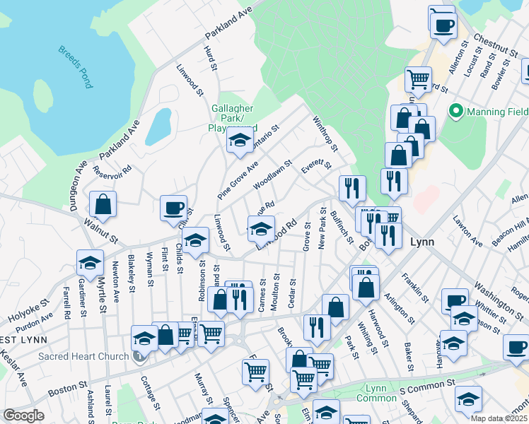 map of restaurants, bars, coffee shops, grocery stores, and more near 91-91A Bellevue Road in Lynn