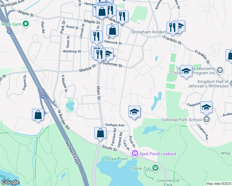 map of restaurants, bars, coffee shops, grocery stores, and more near 18 Fells Road in Stoneham