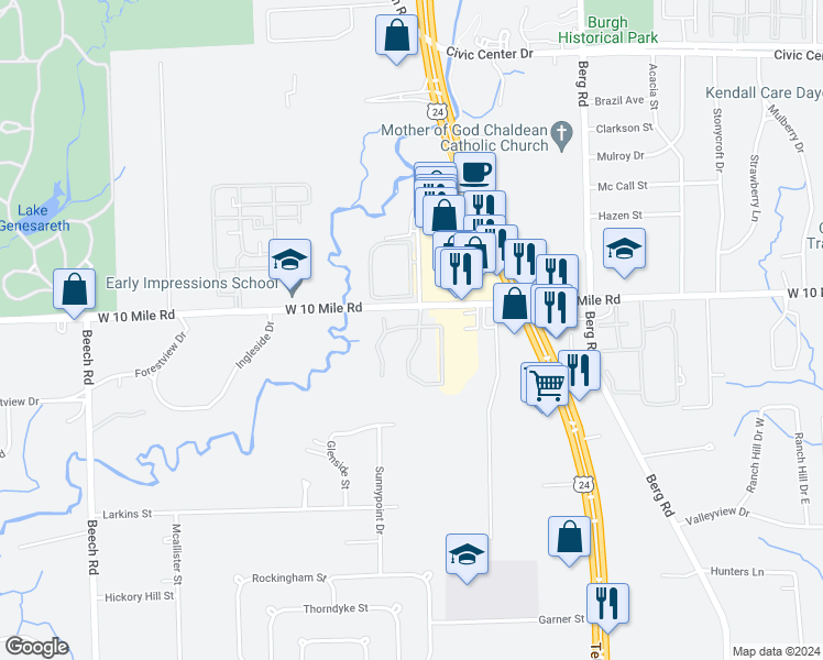 map of restaurants, bars, coffee shops, grocery stores, and more near 24868 Cashmere Court in Southfield