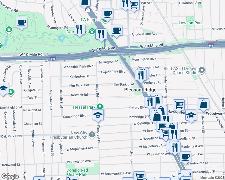 map of restaurants, bars, coffee shops, grocery stores, and more near in Pleasant Ridge