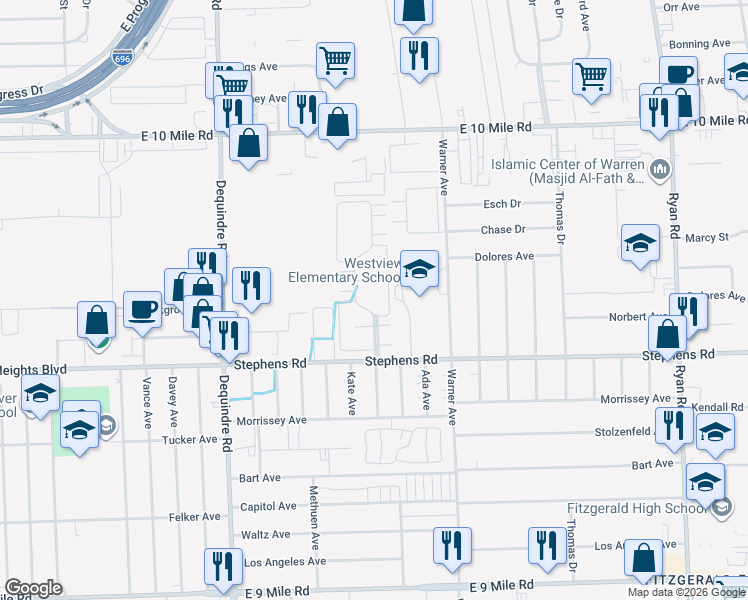 map of restaurants, bars, coffee shops, grocery stores, and more near 24484 Greenhill Road in Warren