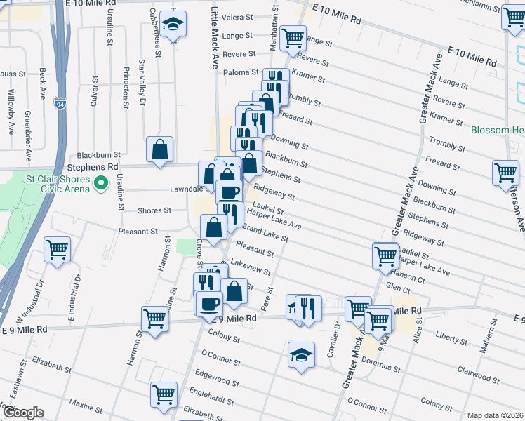 map of restaurants, bars, coffee shops, grocery stores, and more near 21611 Harper Lake Avenue in St. Clair Shores