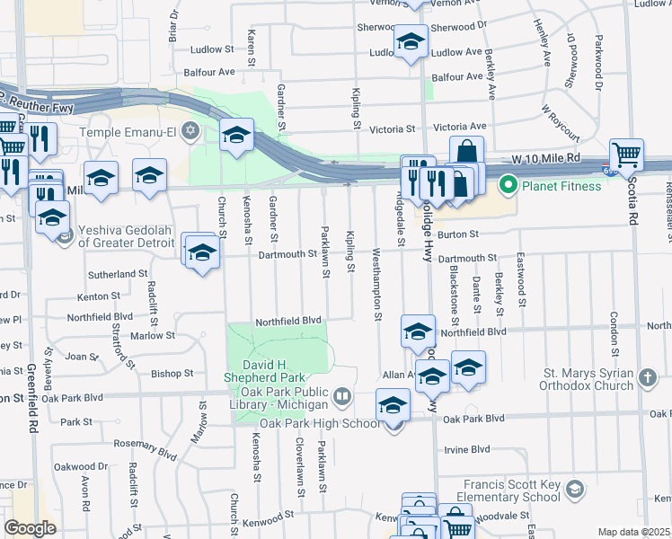 map of restaurants, bars, coffee shops, grocery stores, and more near 24320 Parklawn Street in Oak Park