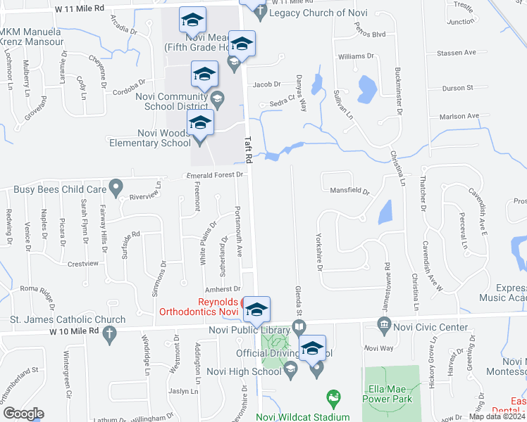 map of restaurants, bars, coffee shops, grocery stores, and more near 24750 Taft Road in Novi