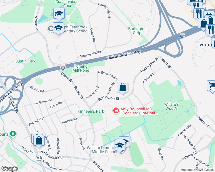 map of restaurants, bars, coffee shops, grocery stores, and more near 4 Angier Road in Lexington