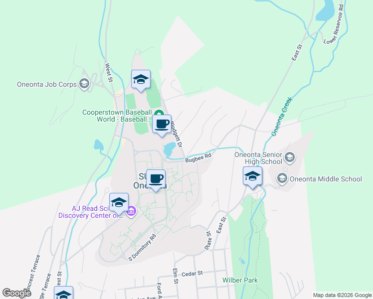 map of restaurants, bars, coffee shops, grocery stores, and more near 1 College Park Dr in Oneonta