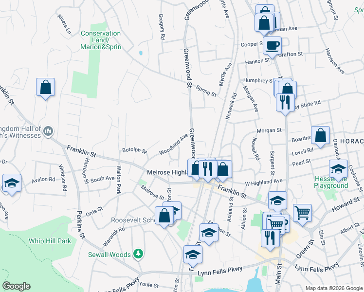 map of restaurants, bars, coffee shops, grocery stores, and more near 63 Clifton Park in Melrose