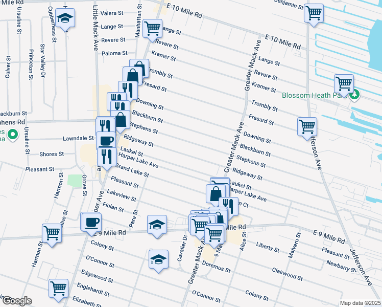 map of restaurants, bars, coffee shops, grocery stores, and more near 21931 Ridgeway Street in St. Clair Shores