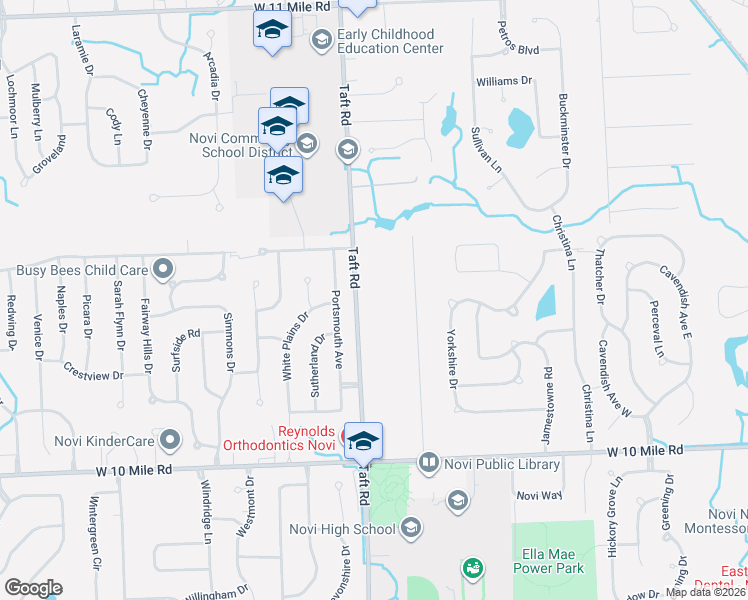 map of restaurants, bars, coffee shops, grocery stores, and more near 24750 Taft Road in Novi