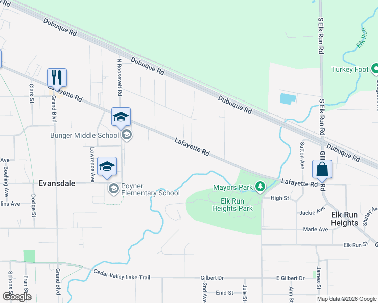 map of restaurants, bars, coffee shops, grocery stores, and more near 4412 Lafayette Road in Evansdale