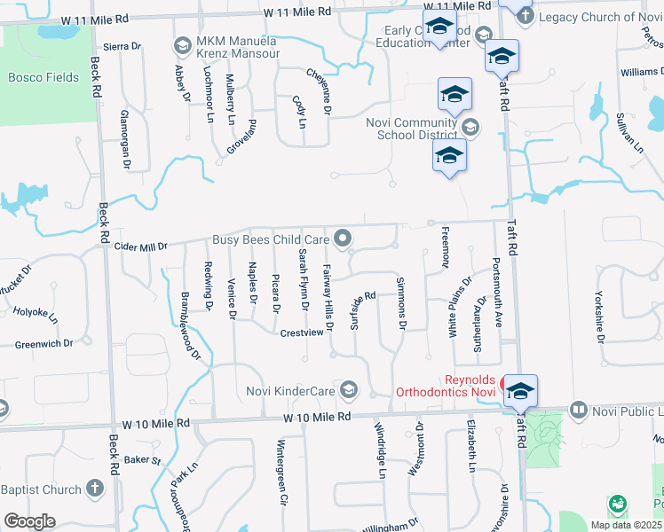 map of restaurants, bars, coffee shops, grocery stores, and more near 24870 Fairway Hills Drive in Novi